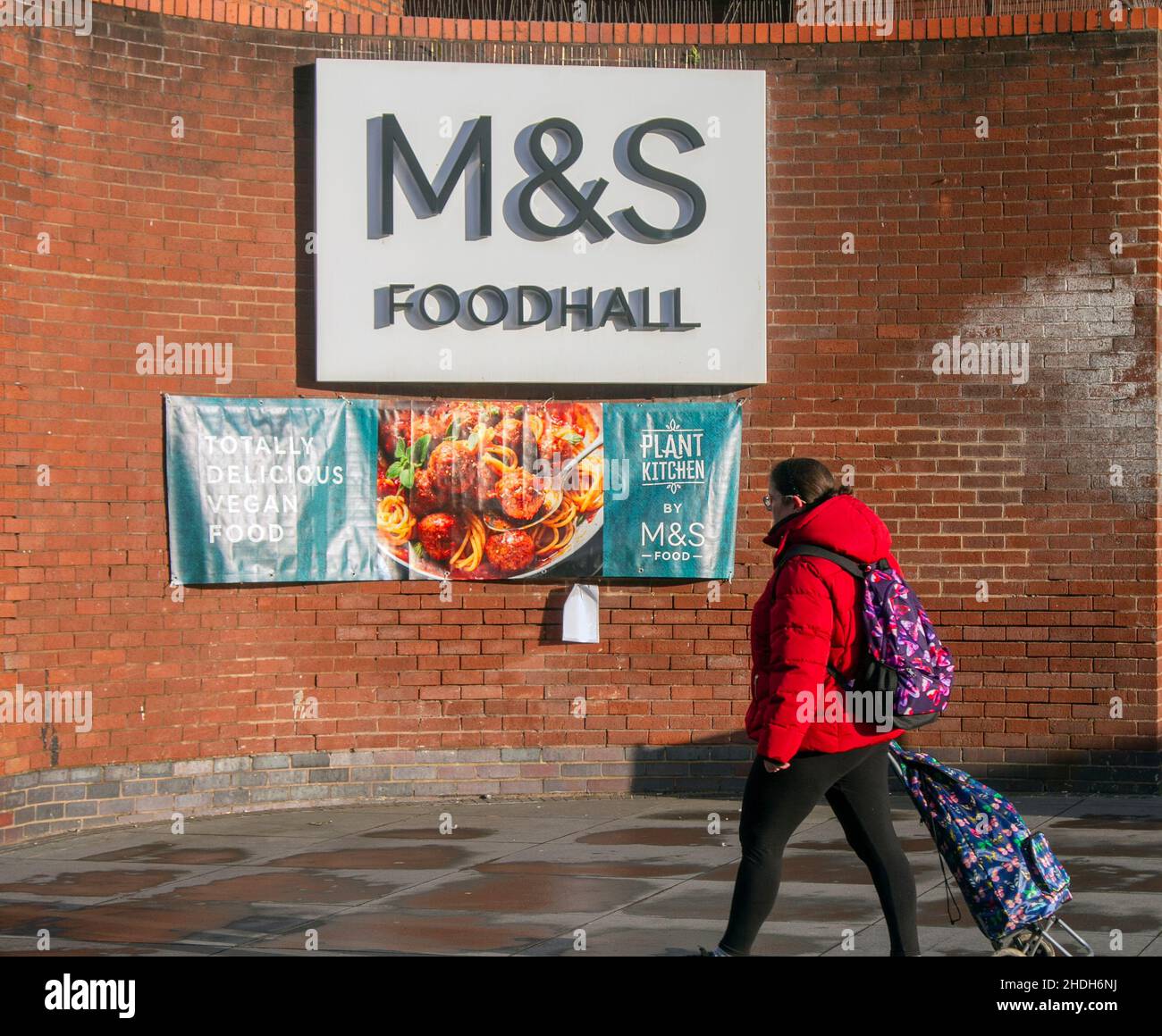 M&S Marks and Spencer Food Hall banner sign advertising vegan foods in Southport, UK Stock Photo
