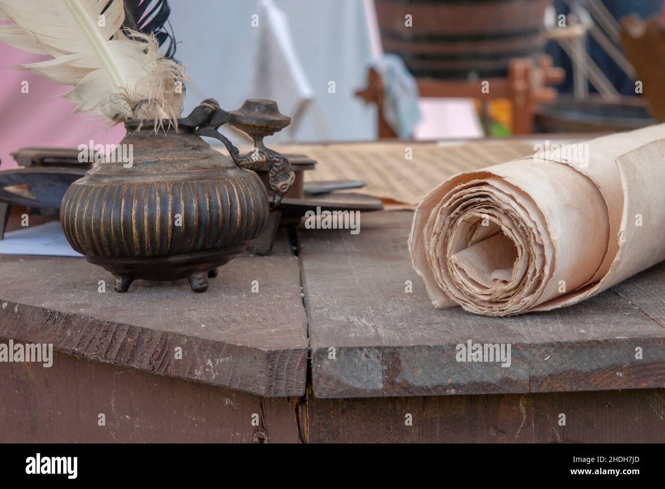 quill pen, paper roll, quill pens, paper rolls Stock Photo Alamy