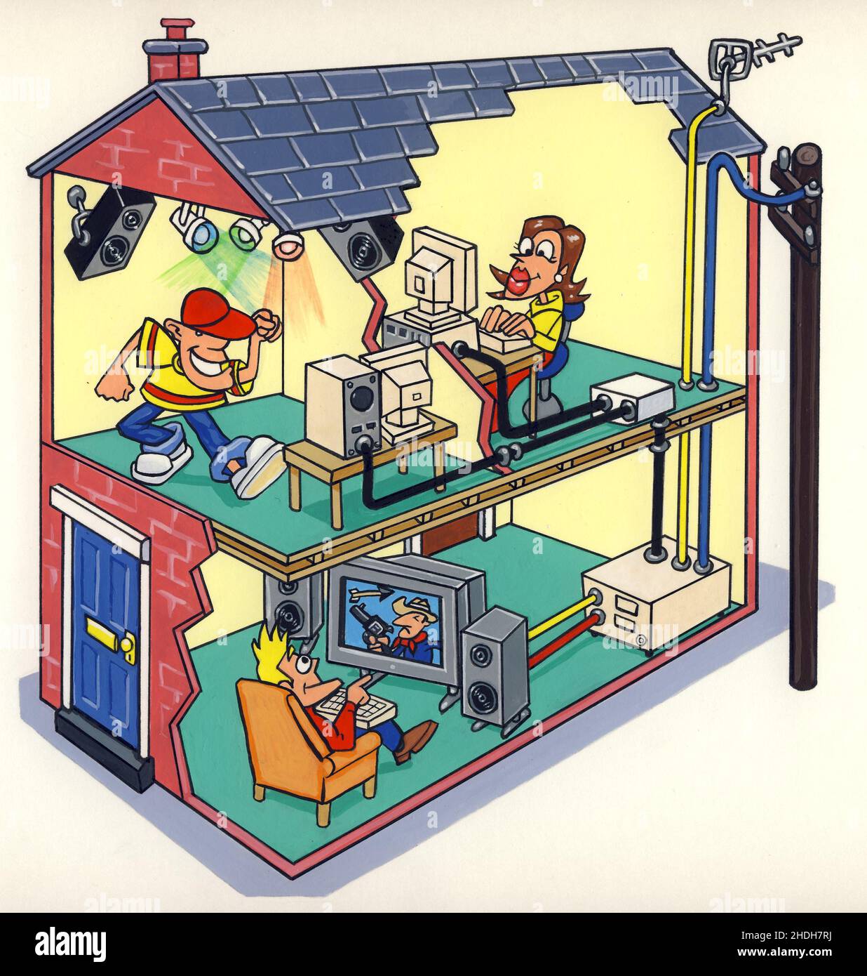 Simplified exploded diagram art illustration showing the layers of a typical UK house, bedrooms and living room, and the wiring for electrical devices Stock Photo