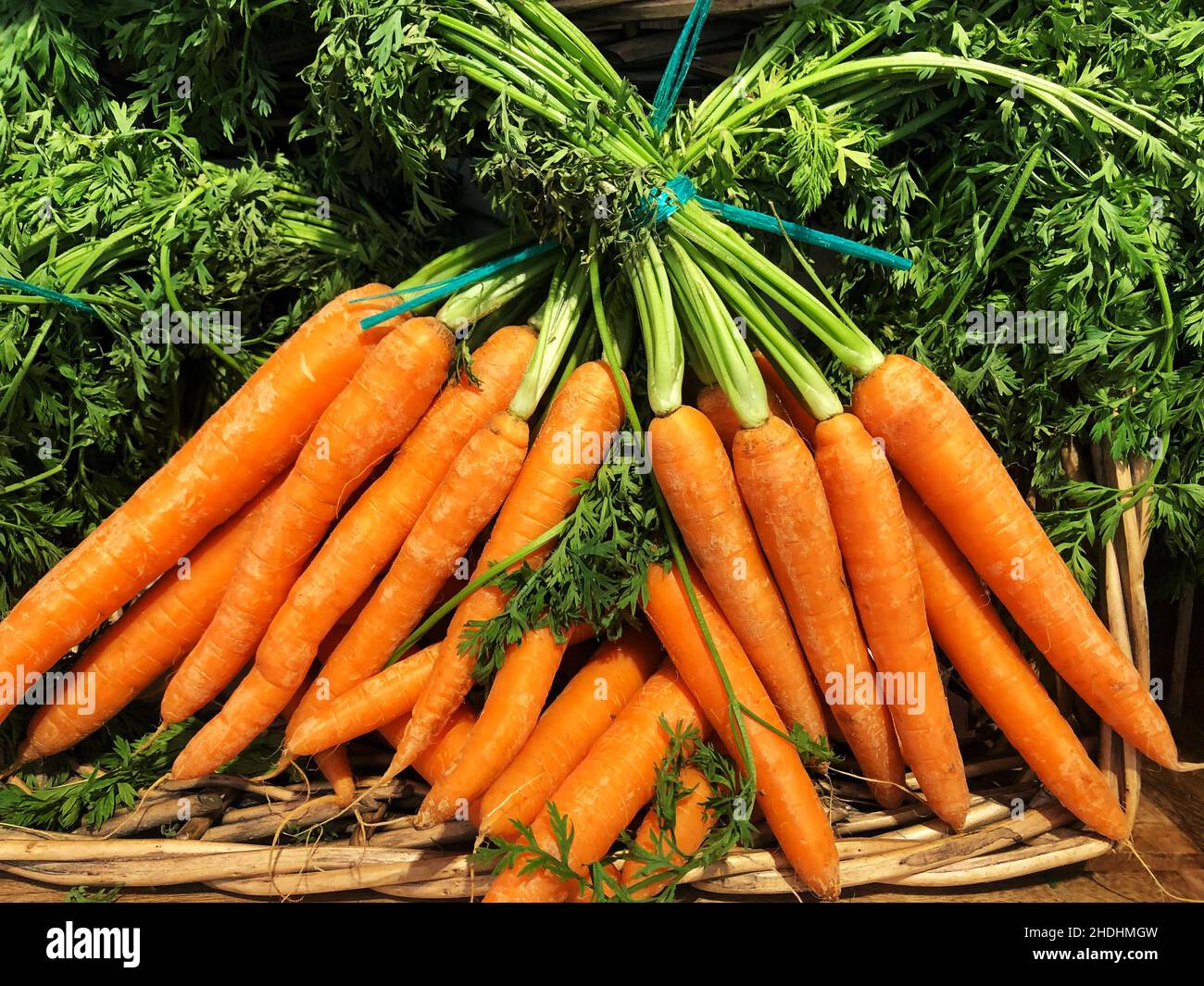 Fresh and organic Heritage carrots on a market stall with copy space ...