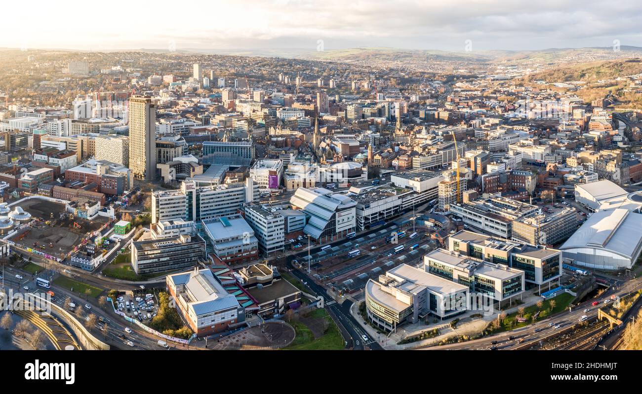 SHEFFIELD, UK - DECEMBER 16, 2021. Aerial view of Sheffield cityscape showing urban sprawl in the South Yorkshire steel city conurbation Stock Photo