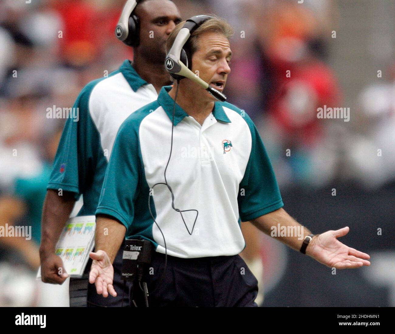 Miami Dolphins' Nick Saban is not happy at the end of the third quarter during their game against the Houston Texans at Reliant Stadium in Houston, Texas, Sunday, Oct. 1, 2006. The Texans defeated the Dolphins 17-15. (Photo by Joe Rimkus Jr./Miami Herald/TNS/Sipa USA) Credit: Sipa USA/Alamy Live News Stock Photo