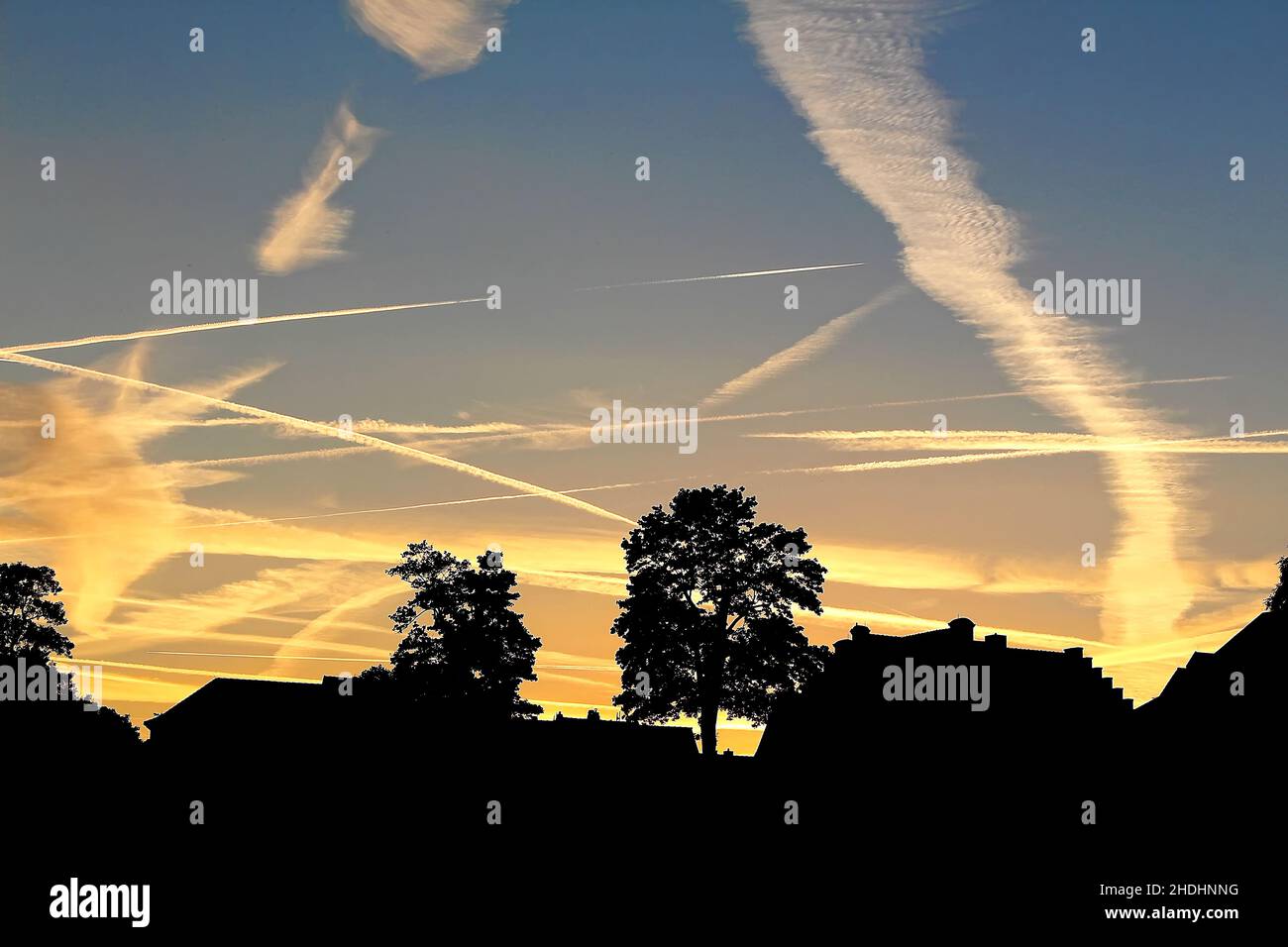 air traffic, vapor trail, air pollution, warm colors, air traffics, chemtrail, chemtrails, vapor trails, air pollutions Stock Photo