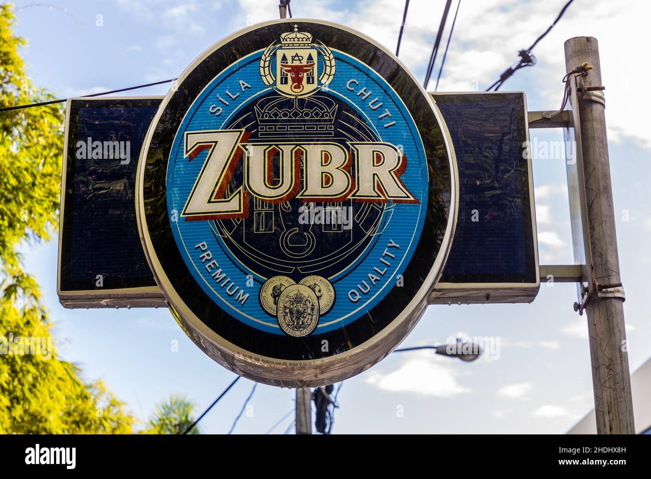 LAS TERRENAS, DOMINICAN REPUBLIC - DECEMBER 3, 2018: Zubr beer sign in Las Terrenas, Dominican Republic Stock Photo