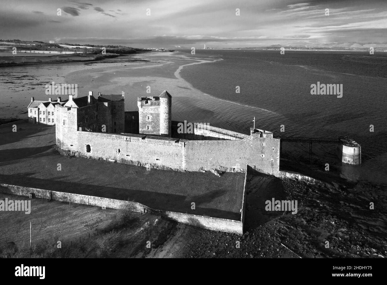 Aerial view of Blackness Castle ( setting for Outlander ) beside Firth of Forth river in West Lothian Scotland, UK Stock Photo