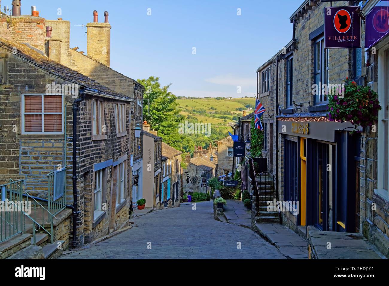 UK, West Yorkshire, Haworth, Main Street Shops Stock Photo Alamy