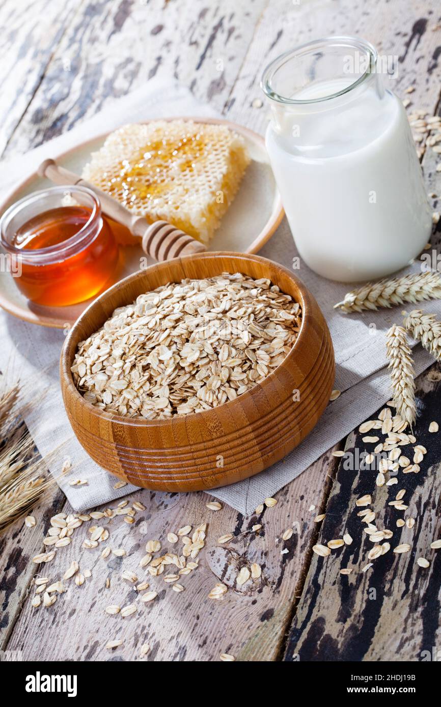 milk, honey, breakfast, rolled oats, milks, honeys, breakfasts Stock