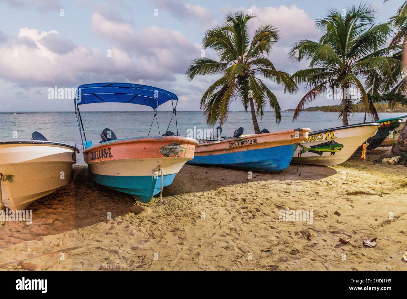 LAS GALERAS, DOMINICAN REPUBLIC - DECEMBER 5, 2018: Boats on a beach in Las Galeras, Dominican Republic Stock Photo