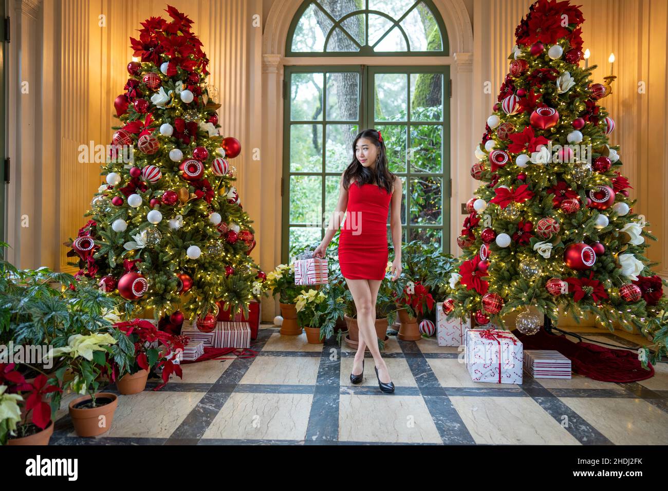 Young East Asian Woman in a Short Red Holiday Dress Holding Christmas Present Stock Photo