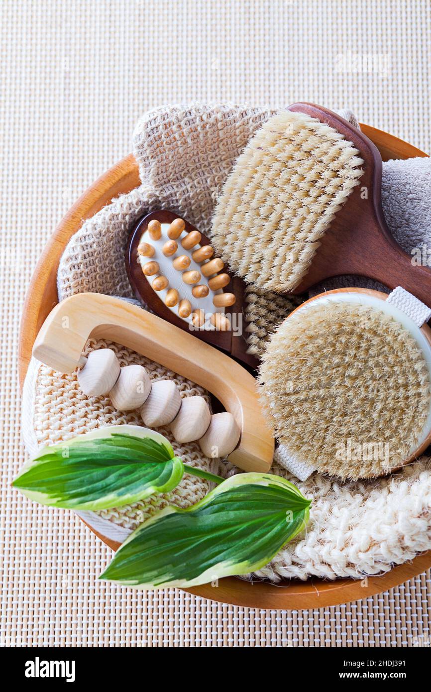 massage brush, massager, wooden brush, peeling glove, massage brushs, massage roller, massagers, wooden brushs, peeling gloves Stock Photo