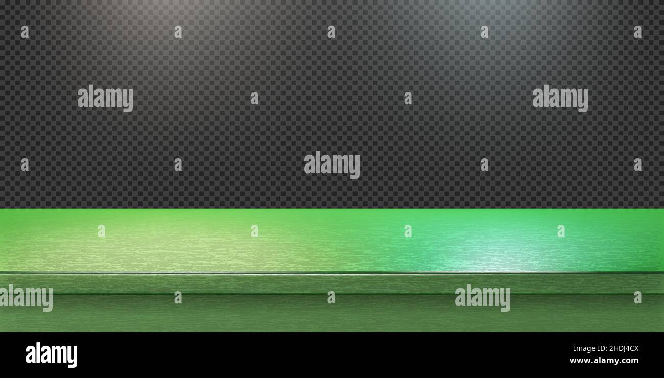Green steel countertop, empty shelf. Vector realistic mockup of table top, kitchen counter on transparent background with spot light. Bar desk surface Stock Vector