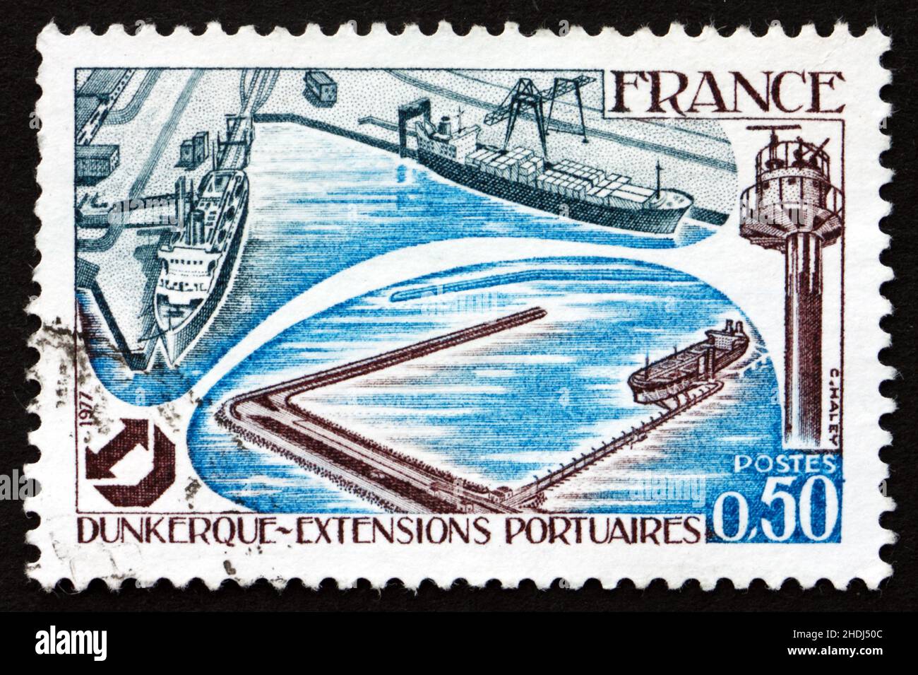 FRANCE - CIRCA 1977: a stamp printed in the France shows Dunkirk Harbor, Expansion of Dunkirk Harbor Facilities, circa 1977 Stock Photo