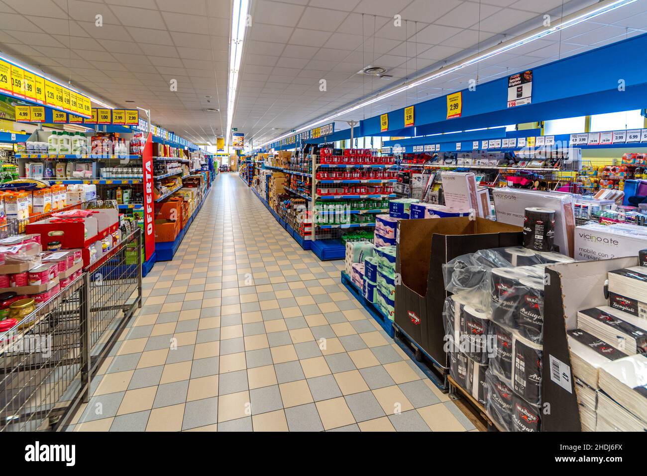 Fossano, Italy - October 29, 2021: interior view of sales shelves of Eurospin discount supermarket Stock Photo