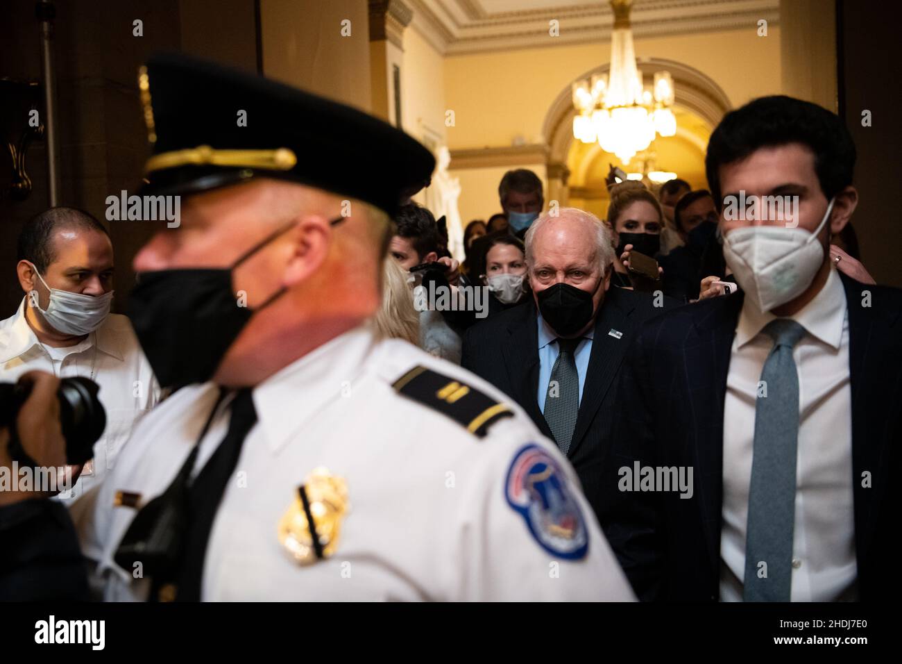 Washington, USA. 06th Jan, 2022. Former Vice President Dick Cheney and Representative Liz Cheney (R-WY), not pictured, speak to media after leaving the House floor, at the U.S. Capitol, in Washington, DC, on Thursday, January 6, 2022. On the sombre one year anniversary of the deadly pro-Trump insurrection, many Republican lawmakers were not in Washington to participate in commemorative events on Capitol Hill. (Graeme Sloan/Sipa USA) Credit: Sipa US/Alamy Live News Stock Photo