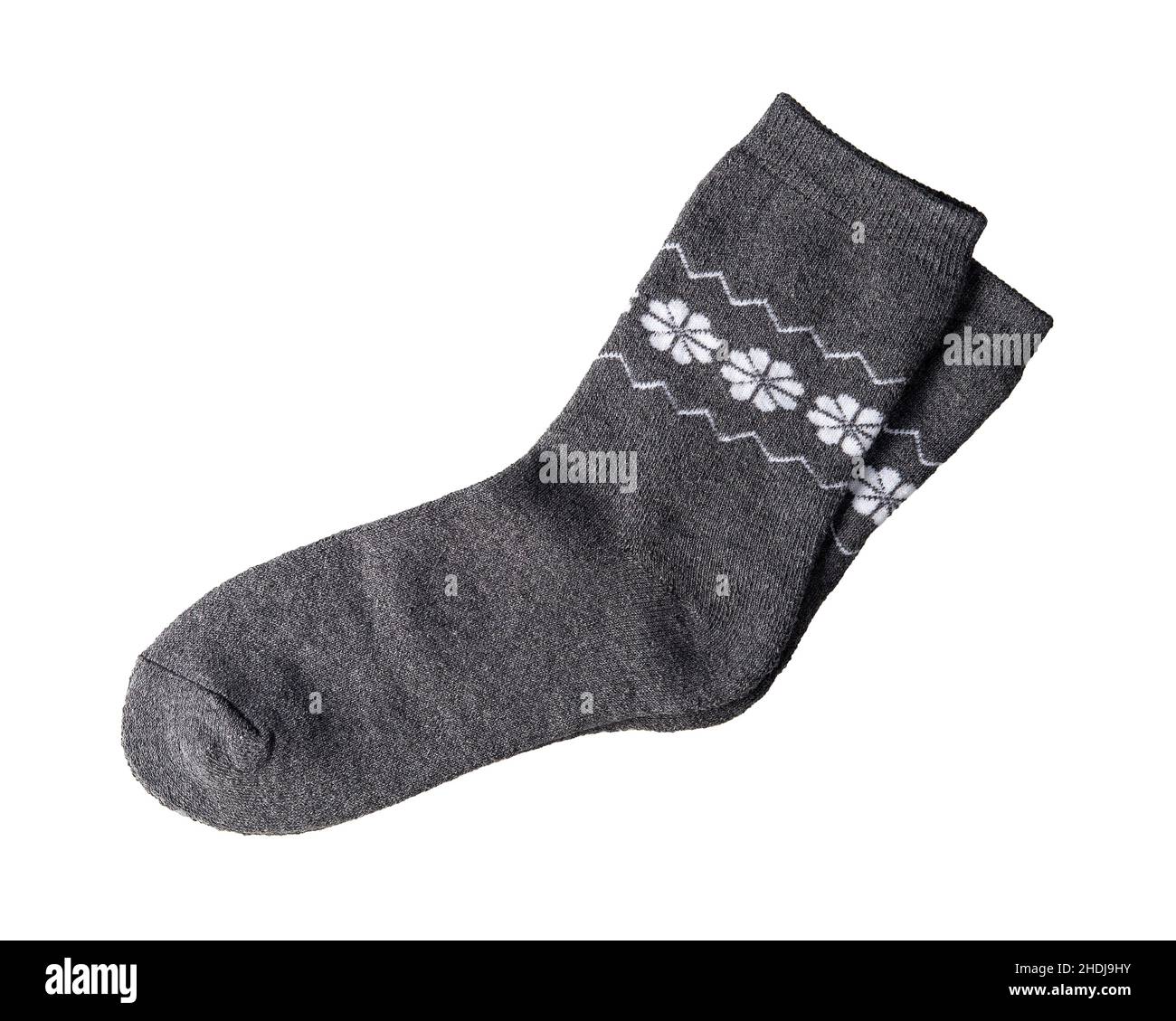 New gray wool socks isolated on a white background. Pair of warm socks with white floral pattern close-up. Hosiery design element for active lifestyle Stock Photo
