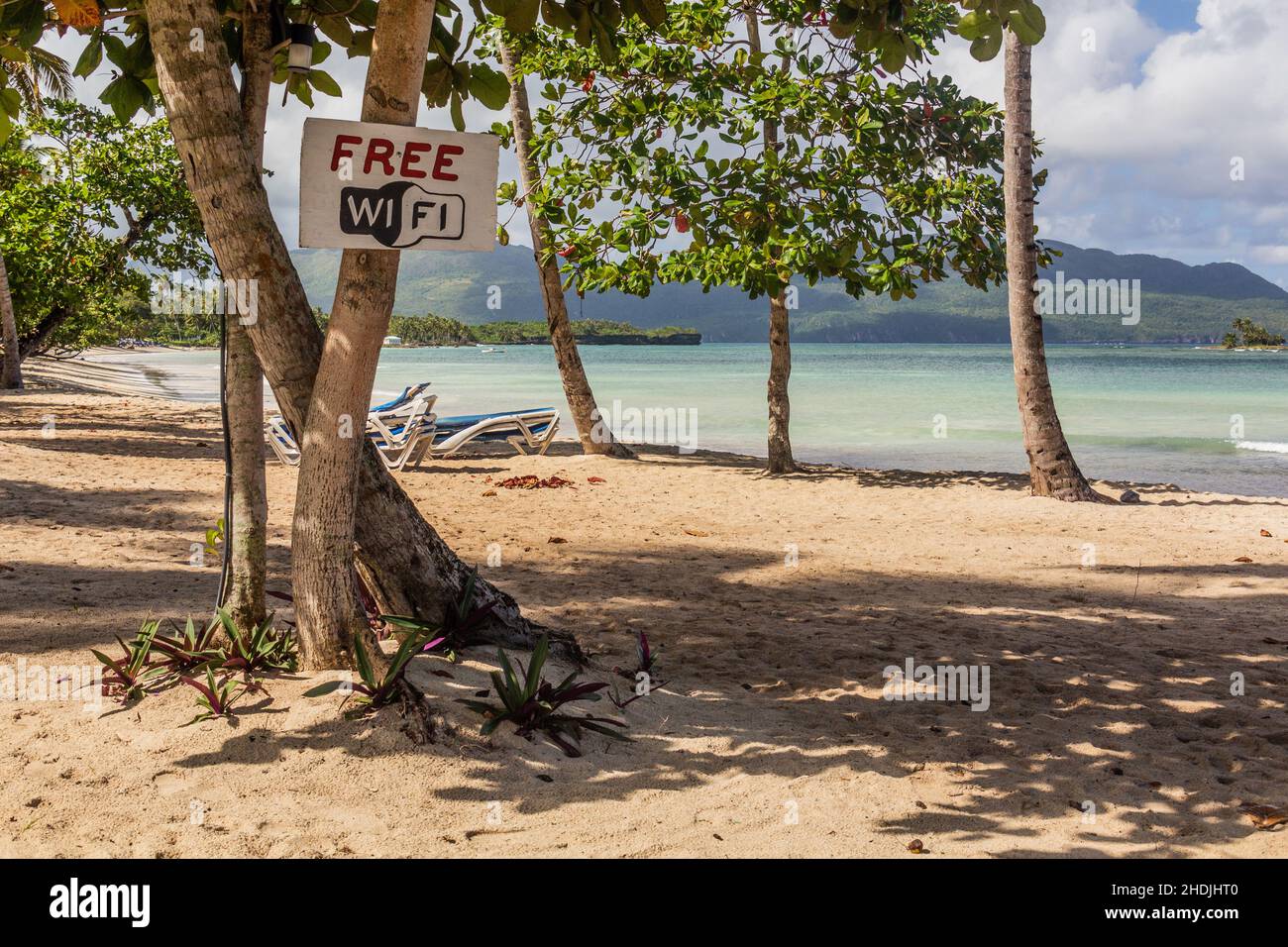 Free WiFi sign at a beach in Las Galeras, Dominican Republic Stock
