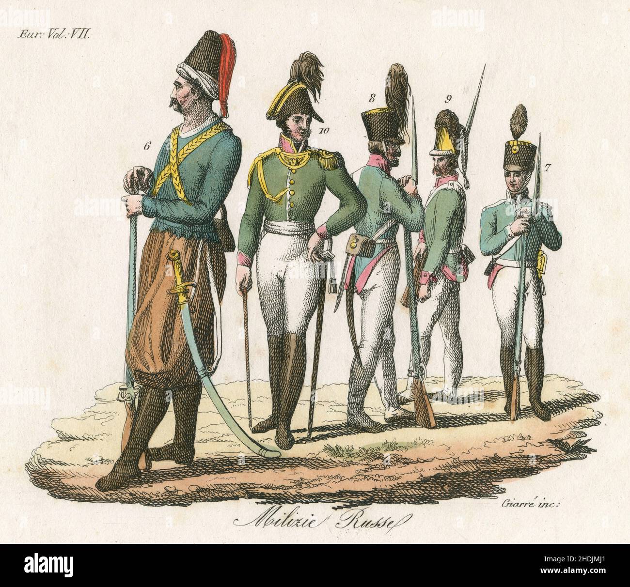 Antique c1830 hand-tinted engraving, late 18th century Russian militia. Polish Janissary under Catherine II; 7. Cadet from the Military Academy; 8. Infantry soldier; 9. Grenadier; 10. Cavalry officer. Published by Giulio Ferrario. SOURCE: ORIGINAL ENGRAVING Stock Photo