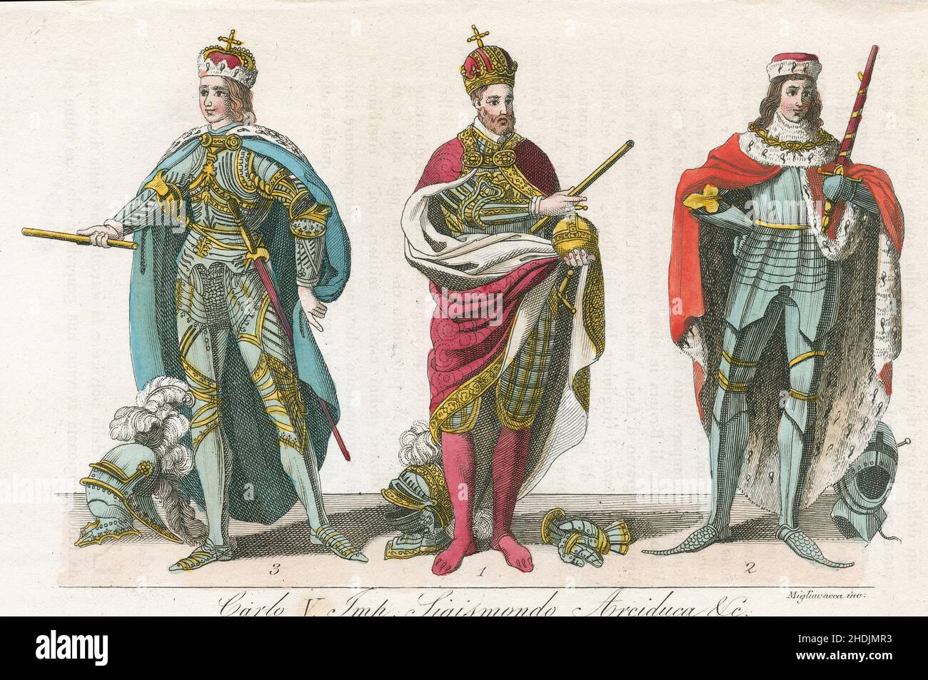 Antique c1830 hand-tinted engraving, 14th century French royal fashion with Charles V of France (1338-1380), Archduke Sigismund, and other. Published by Giulio Ferrario. SOURCE: ORIGINAL ENGRAVING Stock Photo