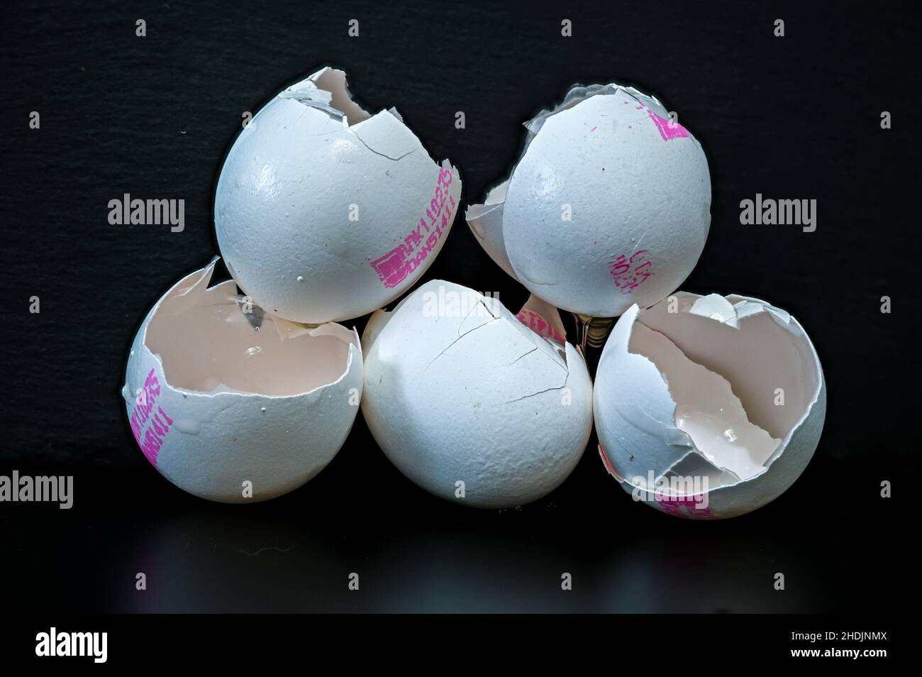 White eggshells of chickens on black background Stock Photo