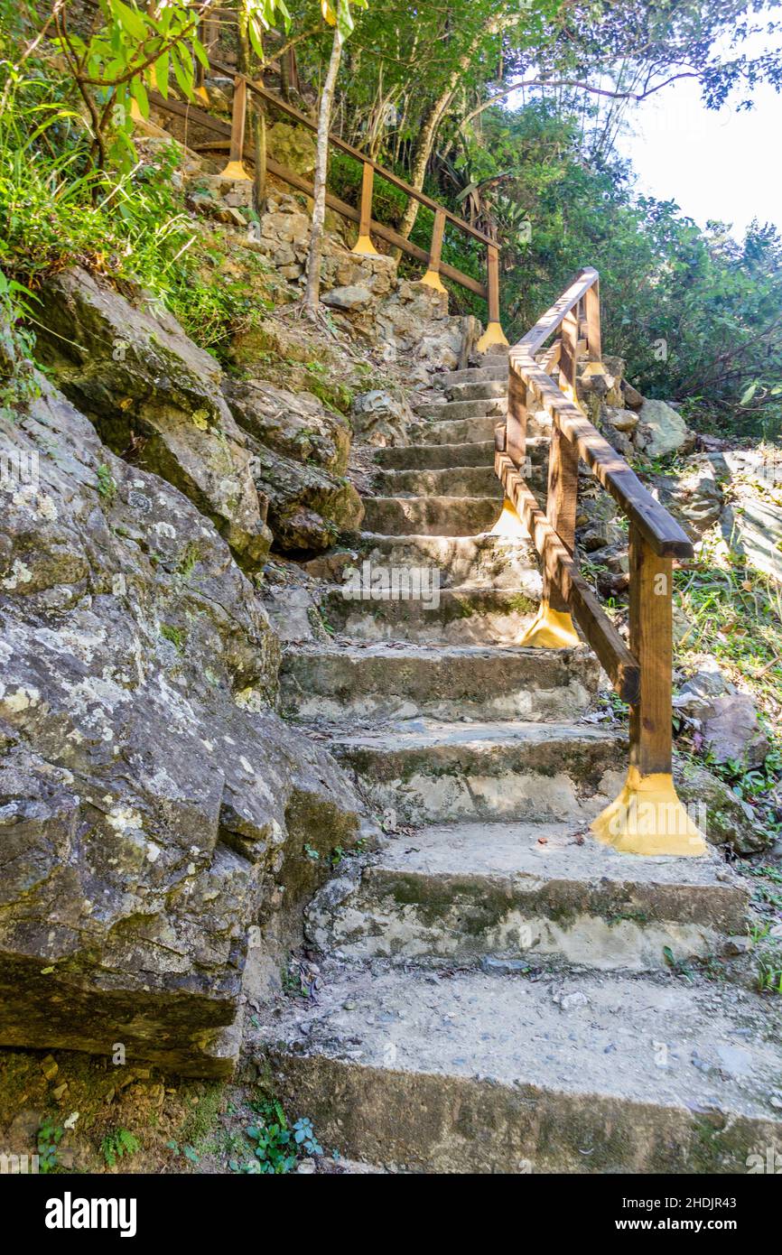 Stairs to Salto de Baiguate waterfall near Jarabacoa town in Dominican Republic Stock Photo