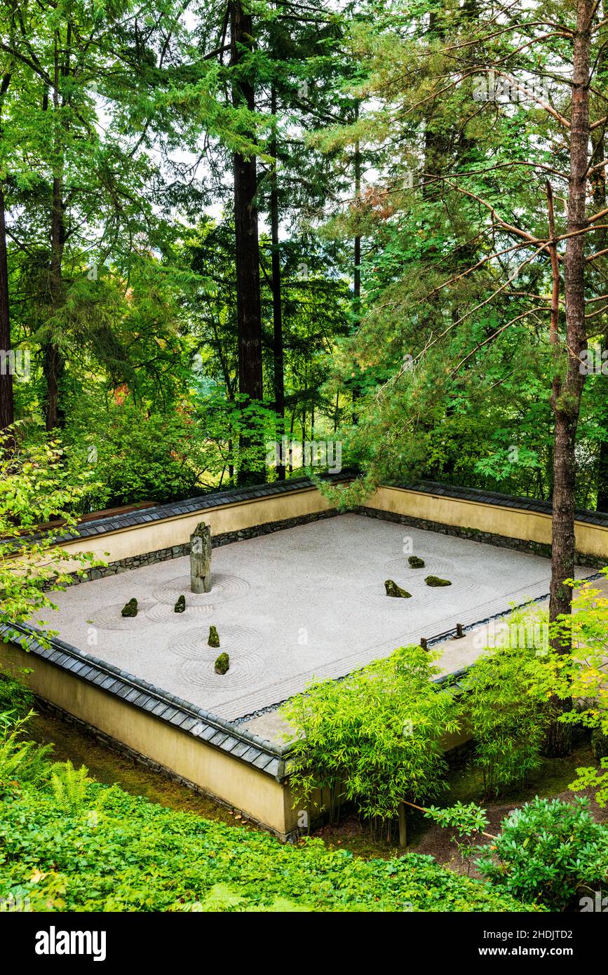 Traditional hand sculpted sand & stone garden; Portland Japanese Gardens; Portland; Oregon; USA Stock Photo
