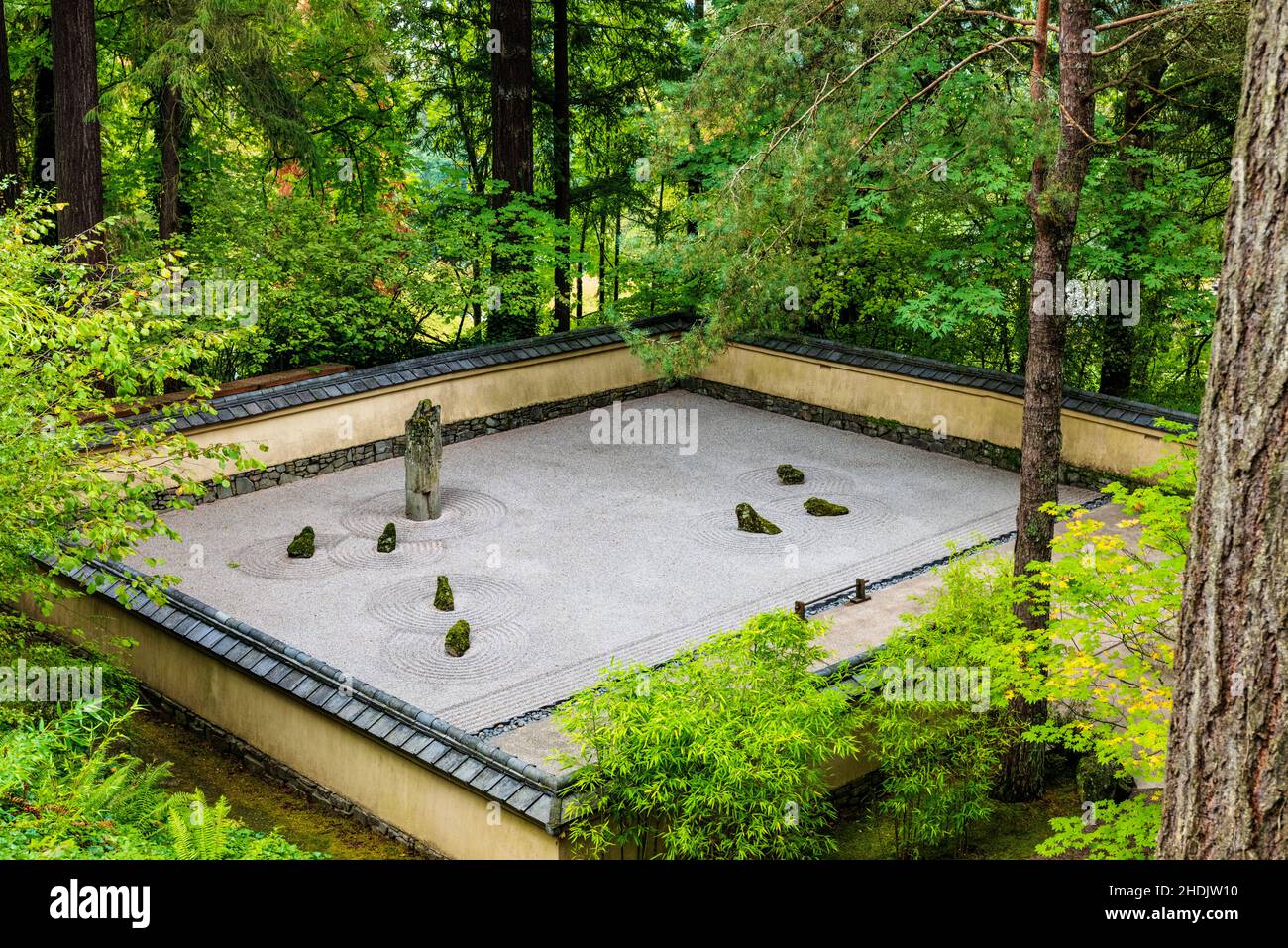 Traditional hand sculpted sand & stone garden; Portland Japanese Gardens; Portland; Oregon; USA Stock Photo