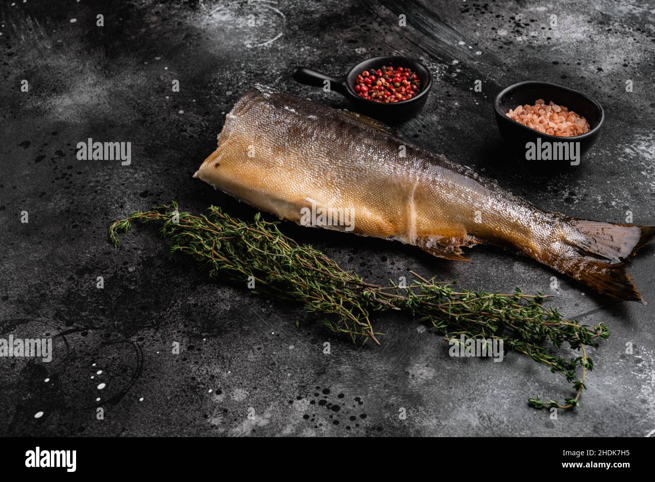 Fresh smoked salmon set, on black dark stone table background Stock ...