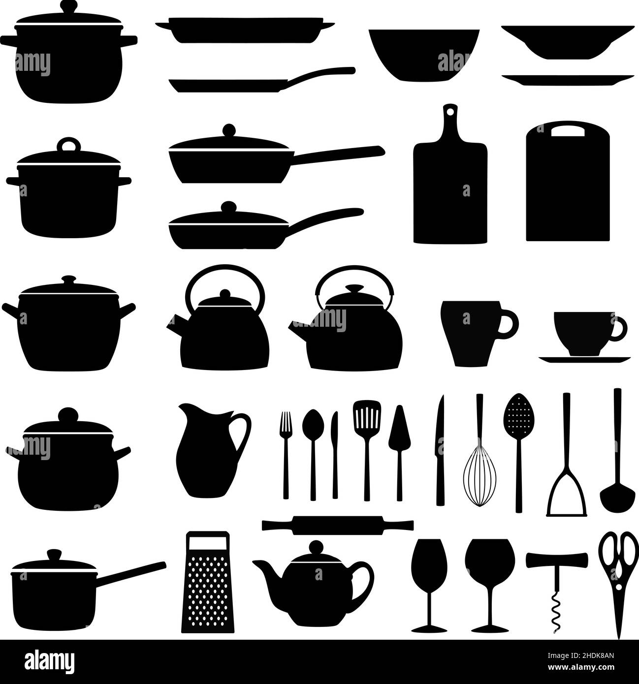 Set of kitchen utensils; silhouettes of kitchenware, vector