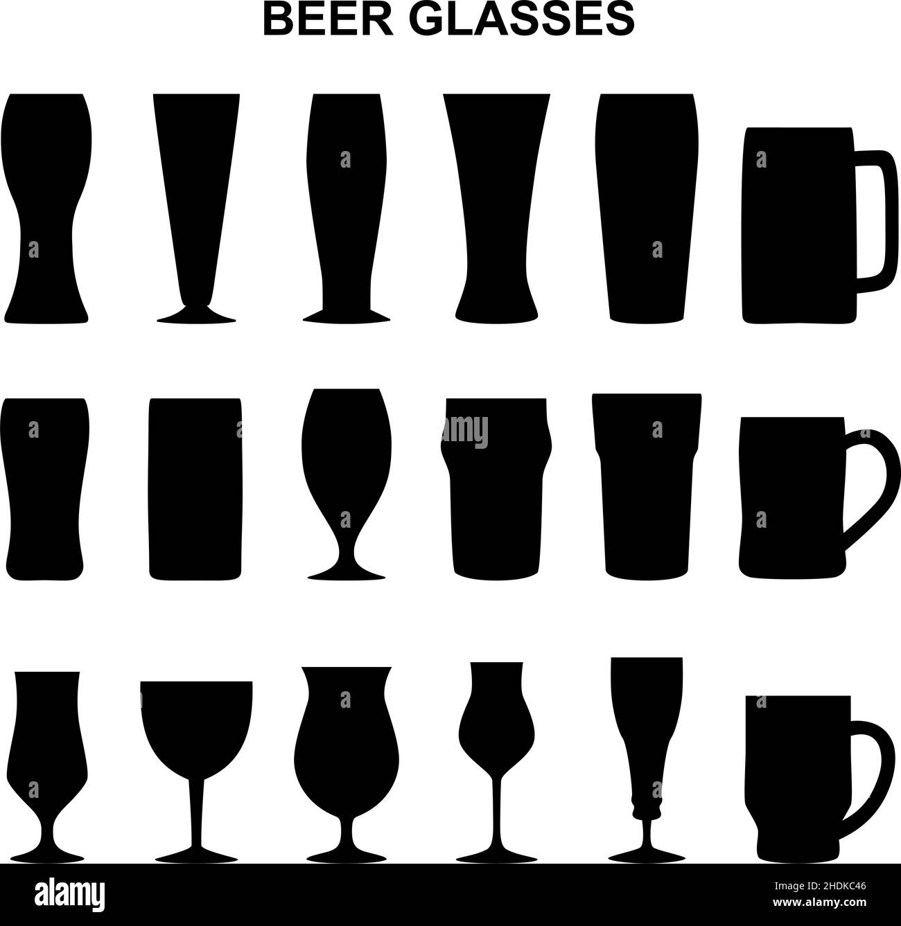 Set of silhouettes of beer glasses, vector illustration Stock Vector