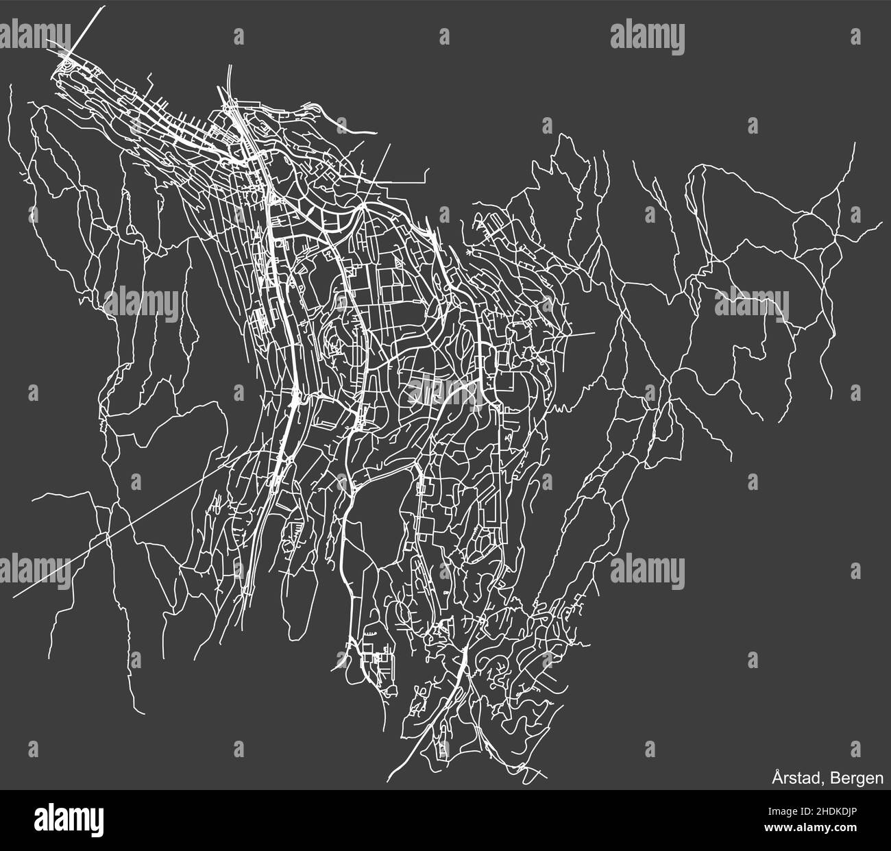 Detailed negative navigation white lines urban street roads map  of the quarter ÅRSTAD BOROUGH  of the Norwegian regional capital city of Bergen, Norw Stock Vector