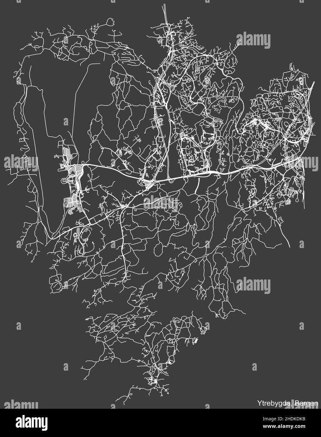 Detailed negative navigation white lines urban street roads map  of the quarter YTREBYGDA BOROUGH  of the Norwegian regional capital city of Bergen, N Stock Vector