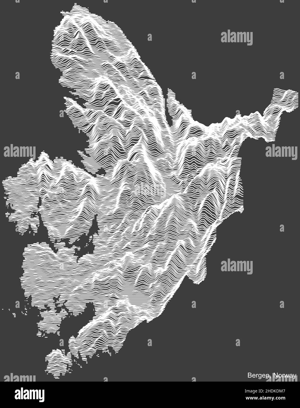Topographic negative relief map of the city of BERGEN, NORWAY with white contour lines on dark gray background Stock Vector
