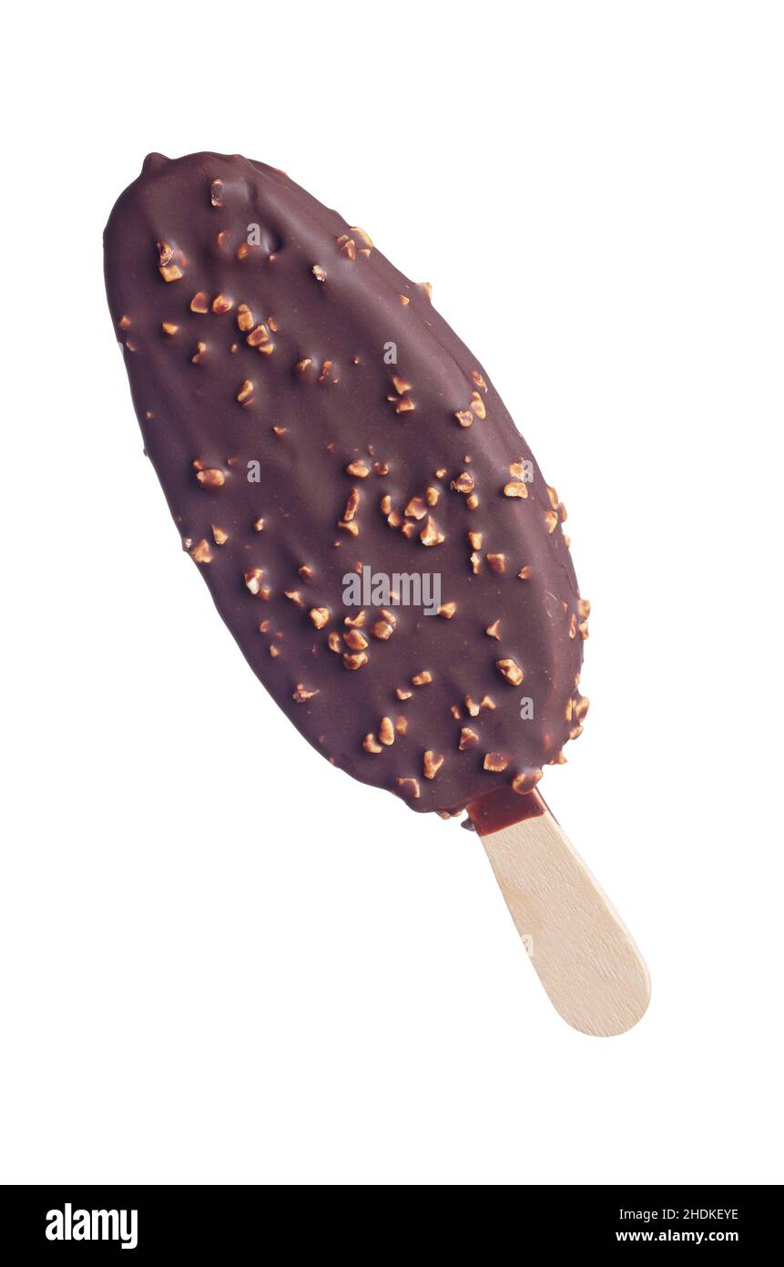 Ice cream in chocolate glaze with nuts on a stick isolated on white background Stock Photo