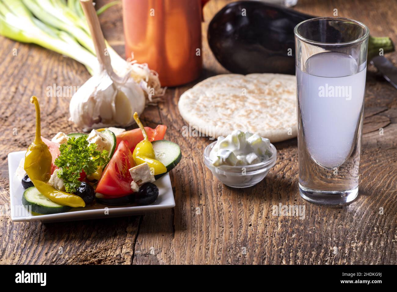 greek salad, ouzo, greek salads Stock Photo