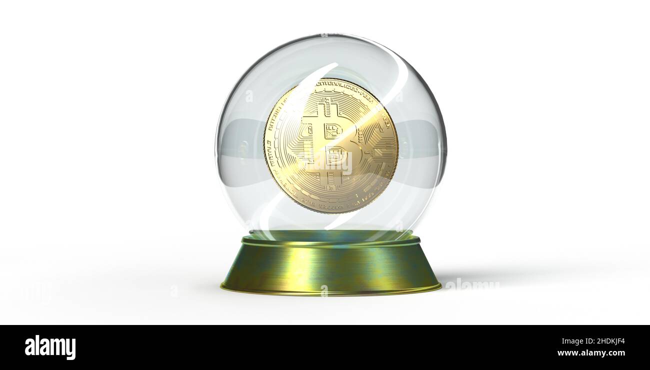 3D rendered Fortune Sphere concept: BTC, Bitcoin floating in crystal ball with golden platform predicting the future of the economy. Stock Photo
