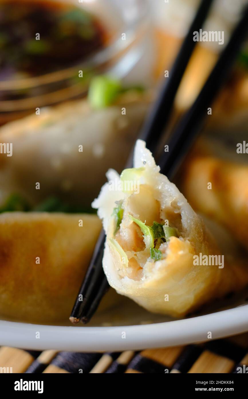 Homemade fried Asian potsticker dumpling appetizer with spicy ponzu