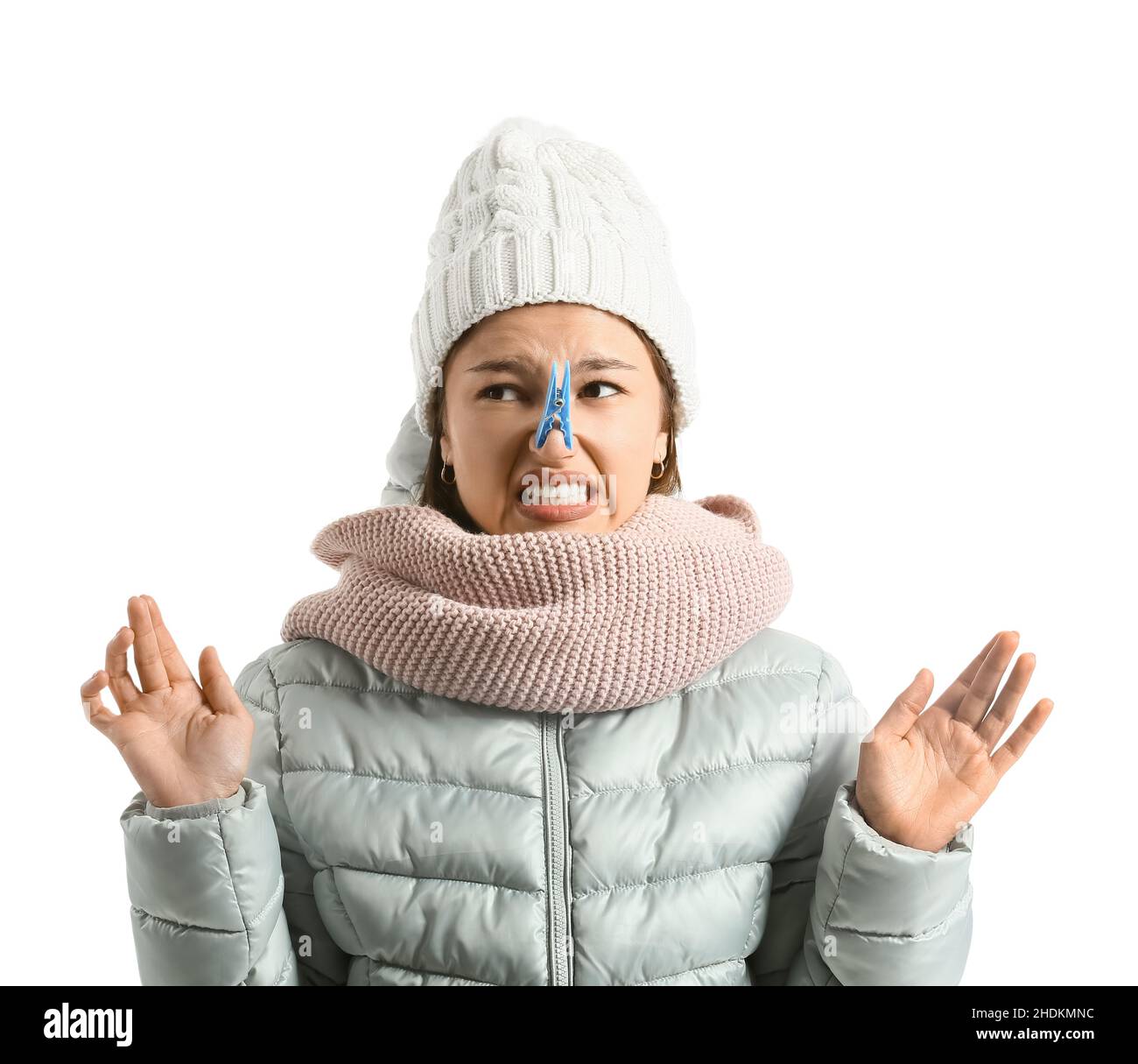 Ill young woman with stuffy nose on white background Stock Photo Alamy