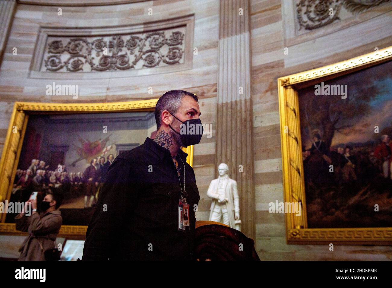 Former Washington DC Metro police officer Michael Fanone walks through the Rotunda at the US Capitol for a television interview, in Washington, DC, Thursday, January 6, 2022. Mr. Fanone was injured while helping to protect the US Capitol during the January 6, 2021 attack. Today is the one-year anniversary of the January 6 insurrection at the US Capitol. Credit: Rod Lamkey/CNP /MediaPunch Stock Photo