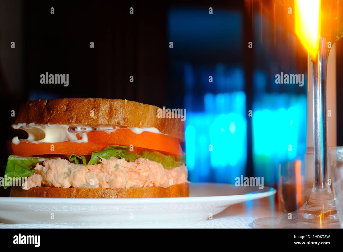 Pink salmon salad sandwich with mayonnaise at fancy restaurant Stock Photo