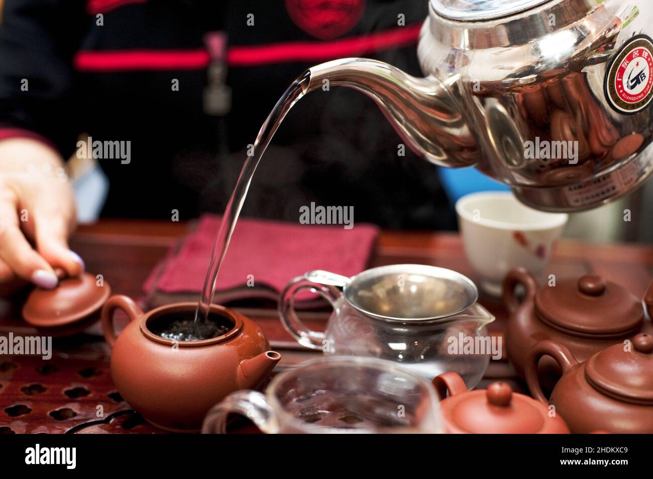Detail of tea making at the Tea Art Gallery tea shop, Hong Kong. Stock Photo