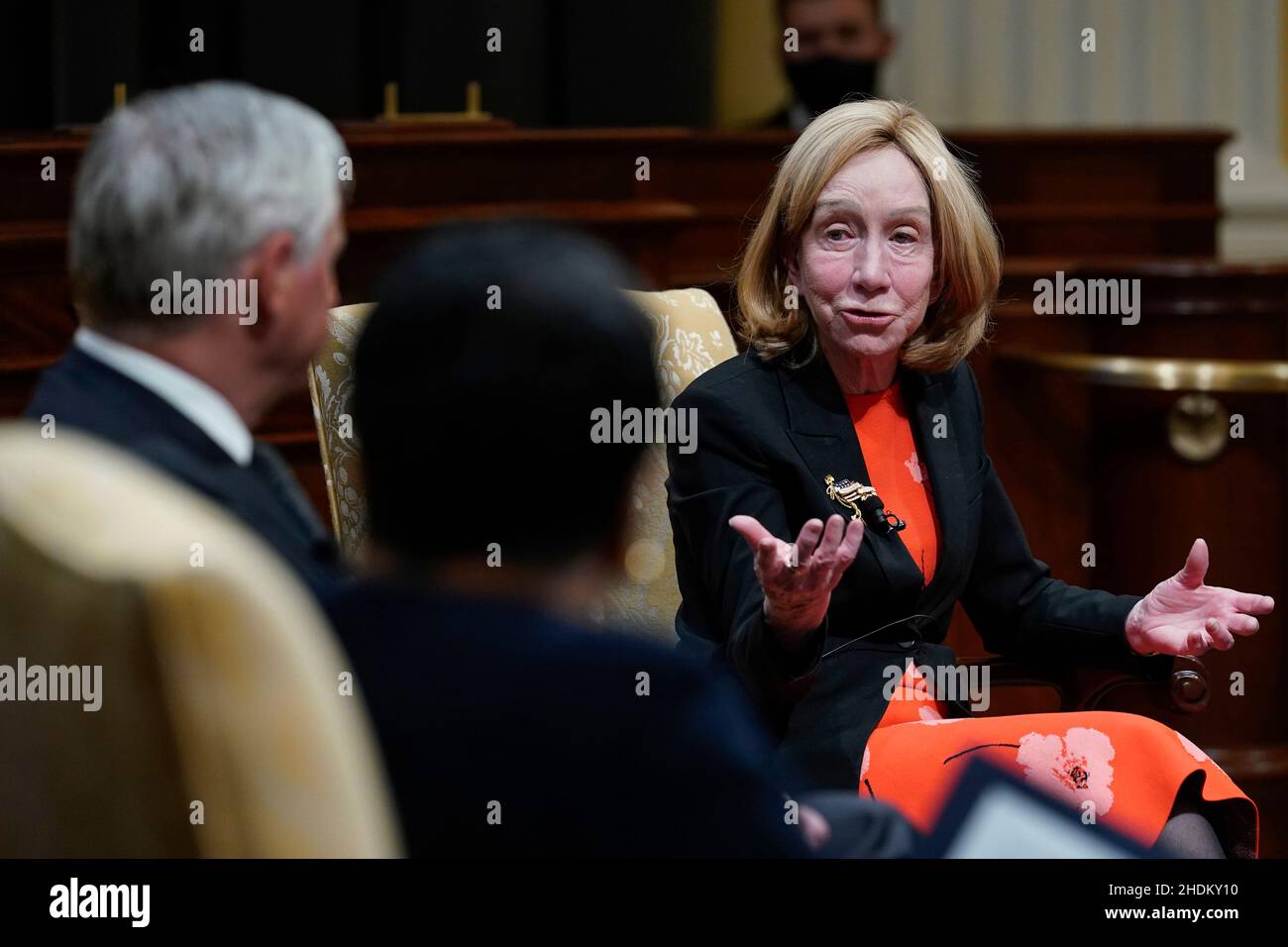 Historian Doris Kearns Goodwin, right, speaks as historian Jon Meacham, left, listens during an event on Capitol Hill in Washington, Thursday, Jan. 6, on how to establish and preserve the narrative of January 6th. The event marked the first anniversary of the U.S. Capitol insurrection, the violent attack by Trump supporters that has fundamentally changed the Congress and raised global concerns about the future of American democracy. Credit: Susan Walsh/Pool via CNP Stock Photo