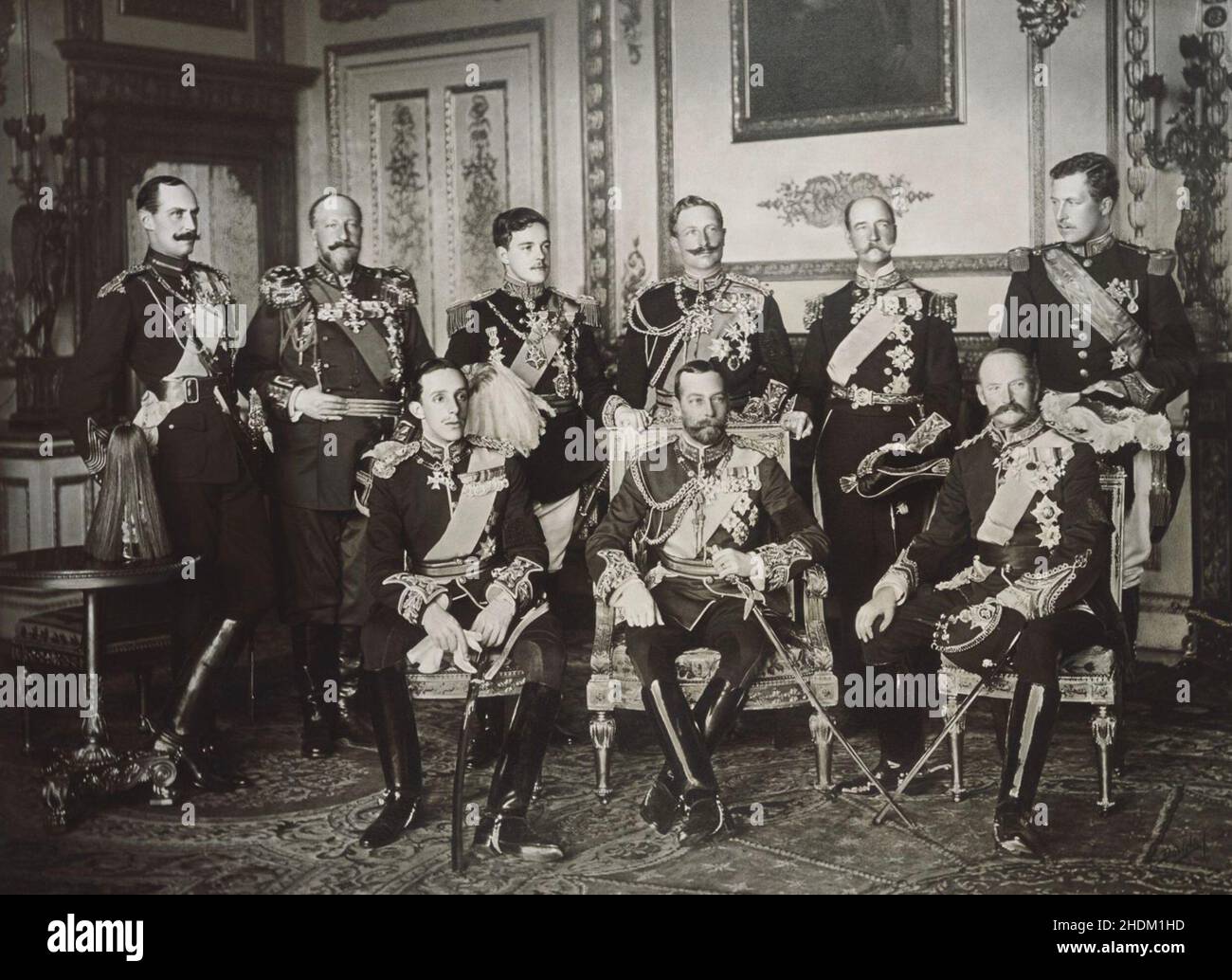 NINE KINGS gathered at Windsor Castle for the funeral of  Edward VII in May 1910. From l to r standing: King Haakon  VII of Norway, Tsar Ferdinand of the Bulgarians, King Manuel II of Portugal and the Algarve, Kaiser Wilhelm II of Germany and Prussia, King George I of the Hellenes, King Albert I of the Belgians. Seated from left:  King Alfonso XII of Spain,King George V of the United Kingdom, King Frederick VIII of Denmark Stock Photo