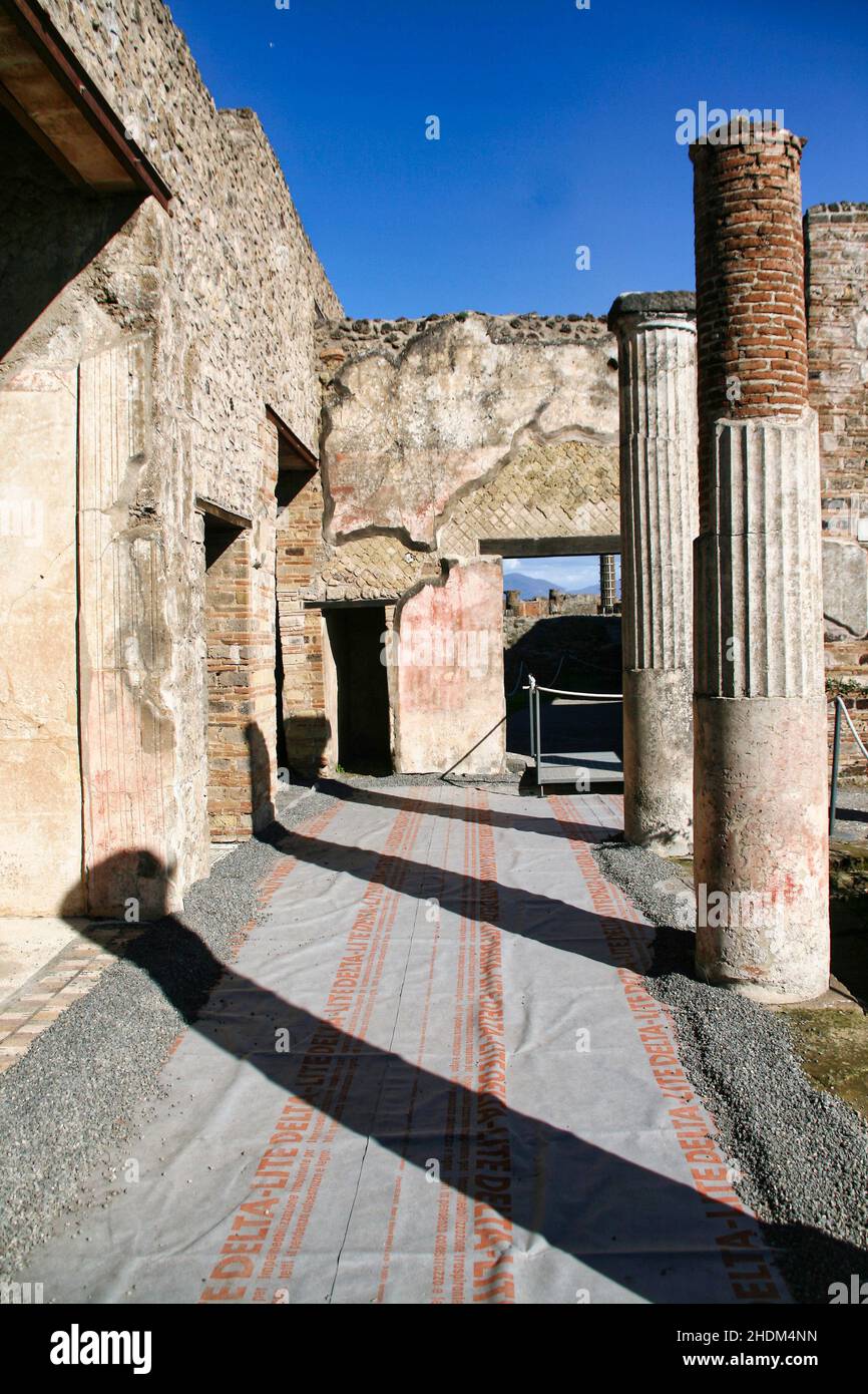 Shot from the ruins of the roman city of Pompeii, destroyed by a volcanic eruption. Stock Photo