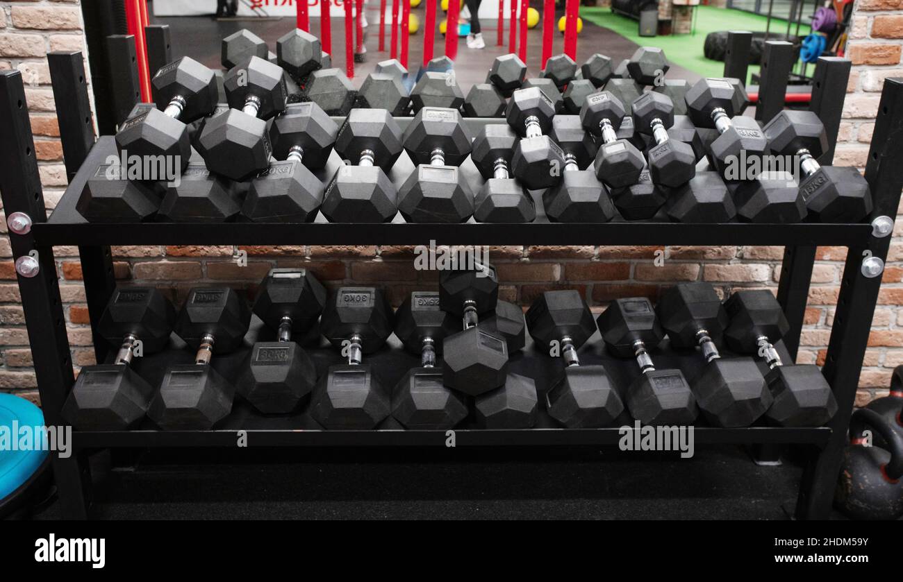 dumbbells on the shelves in the gym of the fitness center different
