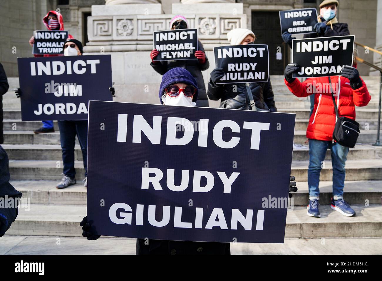 Protesters are pictured during a rally to support indictments in the January, 6, 2021 Capitol Hill riots in the Manhattan borough of New York City, New York, U.S., January 6, 2022.  REUTERS/Carlo Allegri Stock Photo