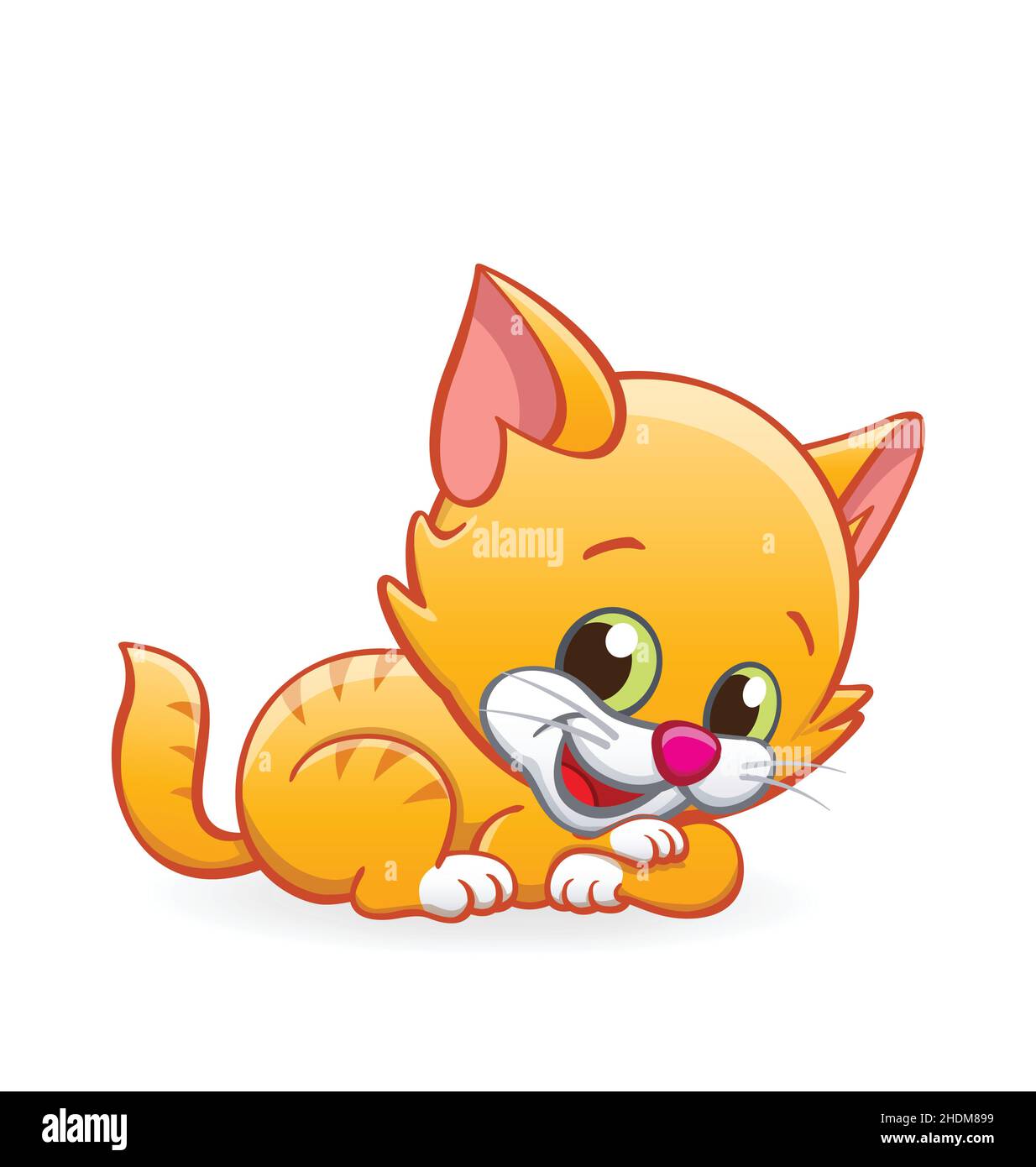 Cute smiling cartoon orange ginger kitten cat lying down vector isolated on white background Stock Vector