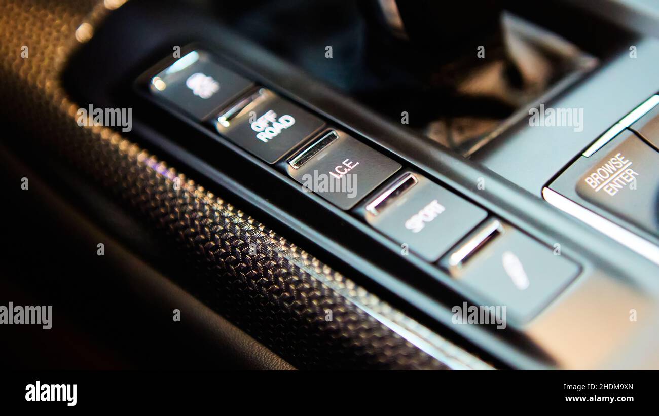 Automatic gear stick of a modern car, multimedia and navigation control ...