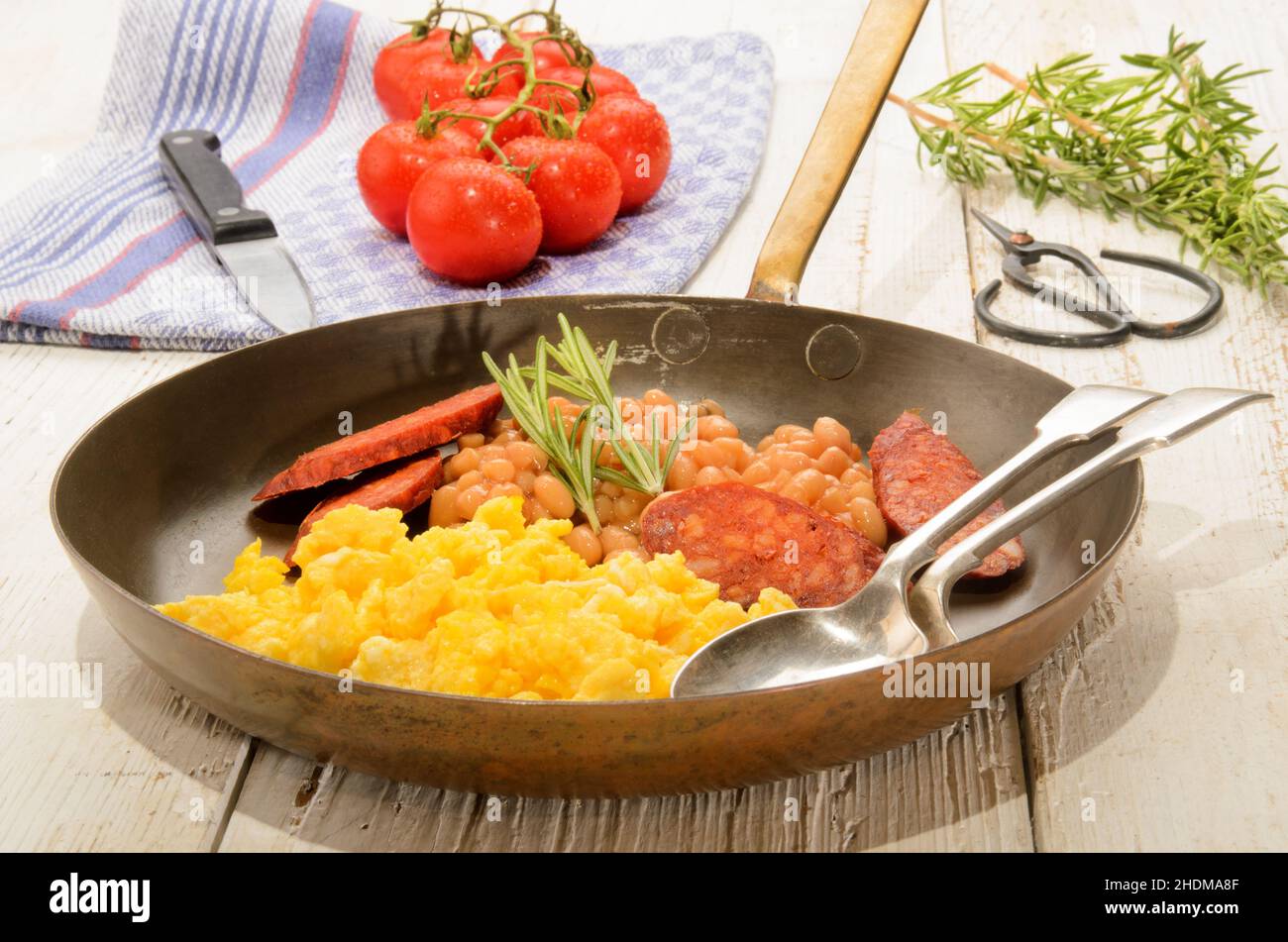 salami, scrambled eggs, baked beans, salamis Stock Photo Alamy
