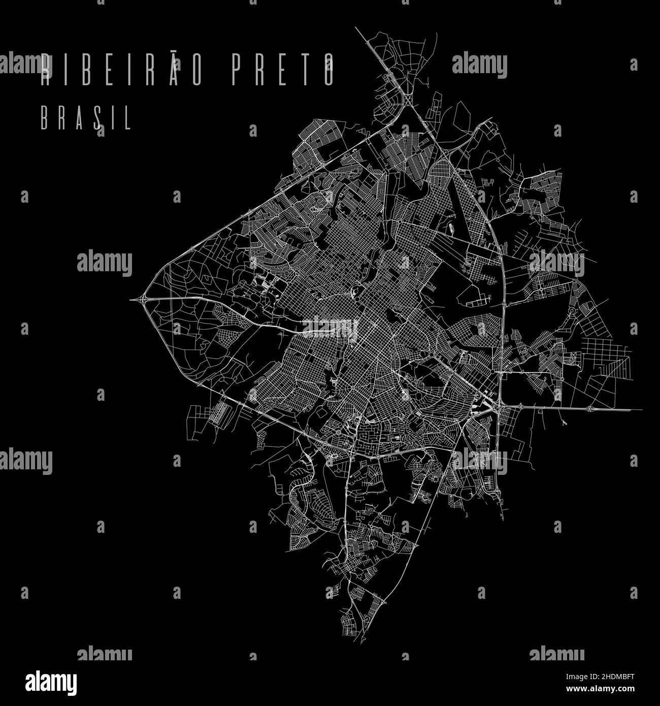 Ribeirao Preto city vector map poster. Brazil municipality square linear street map, administrative municipal area, white lines on black background, w Stock Vector