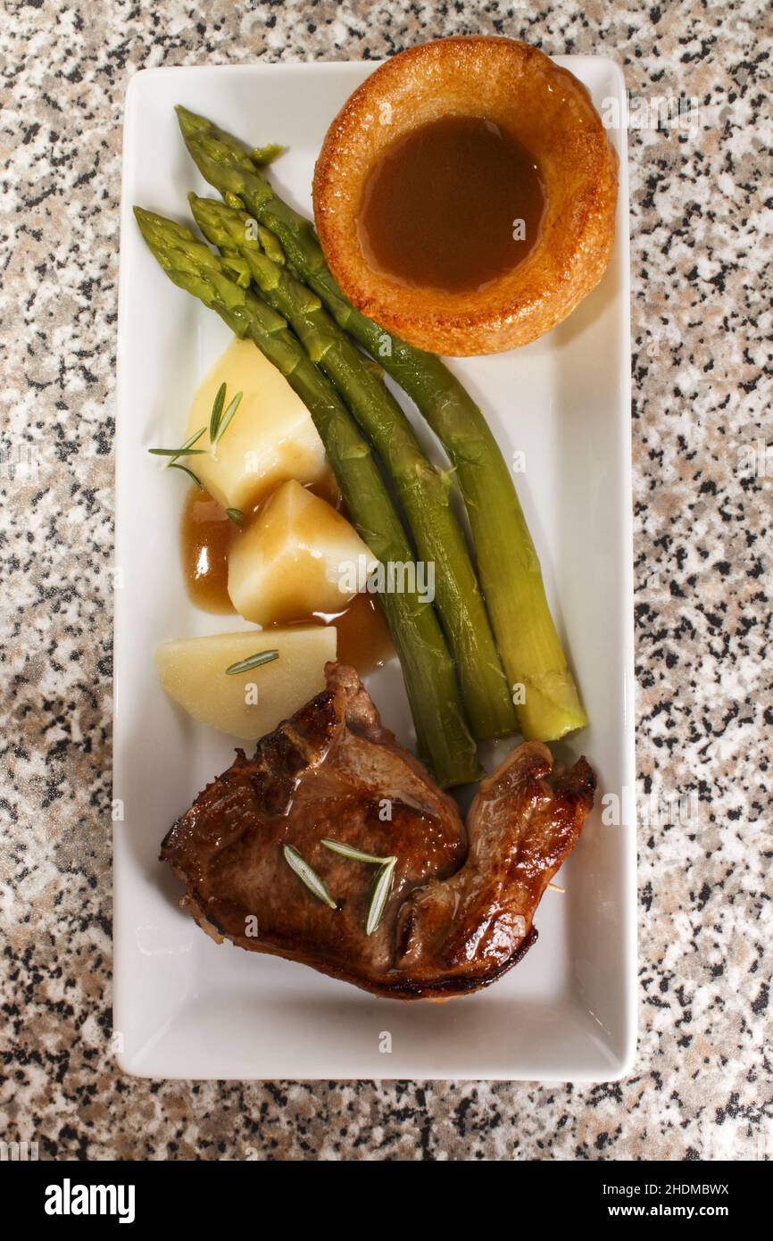 lamb chop, gravy, yorkshire pudding, lamb chops, gravies Stock Photo